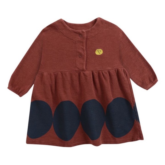 Bobo Choses Other - Bobo Choses Fleece Polka Dot Dress with Smiley Face Brown Black Size 6-12 months